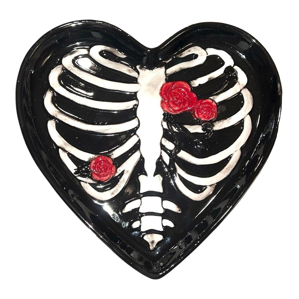 Heart-Shaped Skeleton Rib Cage Ceramic Dish W Rose Accents Raised Hand Painted